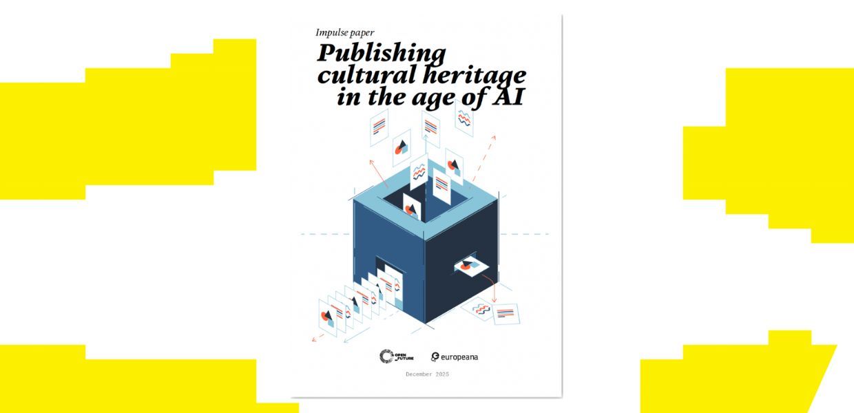 Cover of a report titled Publishing cultural heritage in the age of AI with illustrated images and documents emerging from a blue cube, on a white background with yellow pixel-like accents.